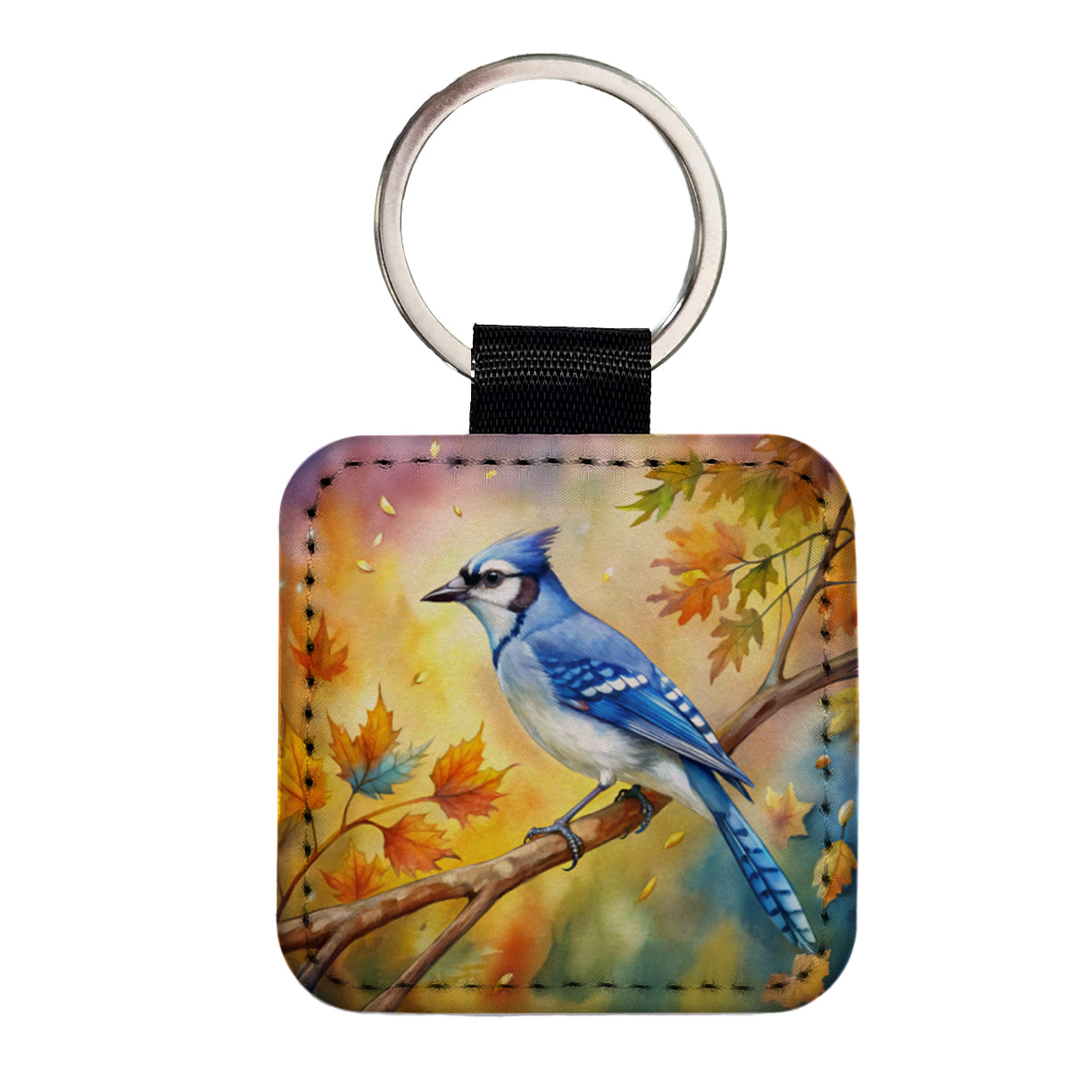 Blue Jay In Tree Watercolor Square Faux Leather Keychain