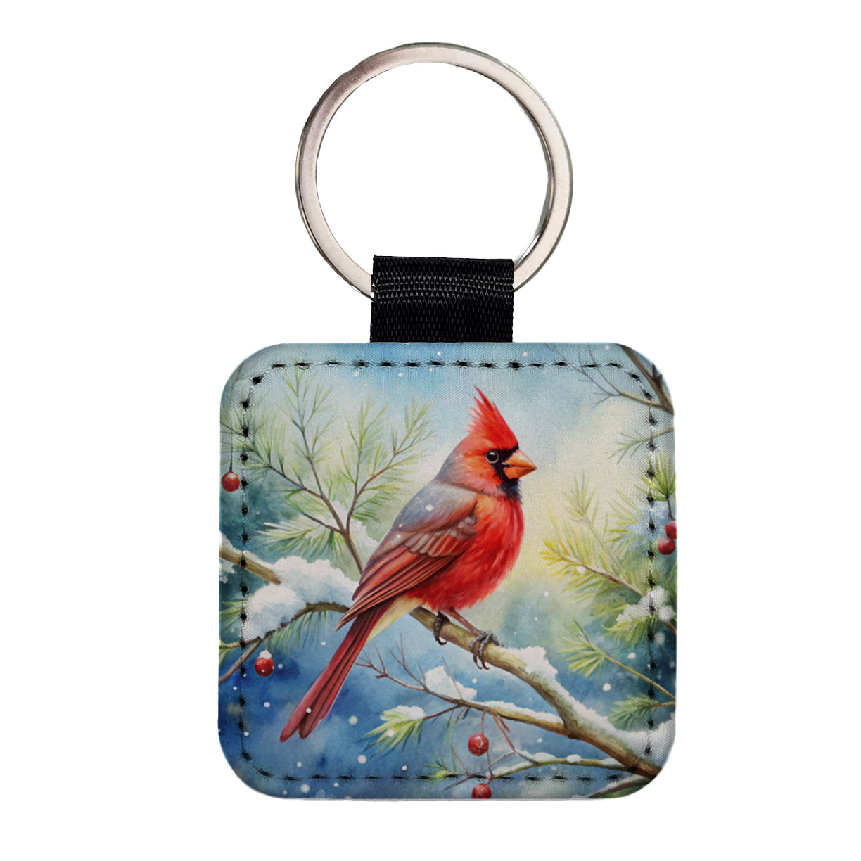 Cardinal In Snowy Tree Winter Watercolor Christmas Square Faux Leather Keychain