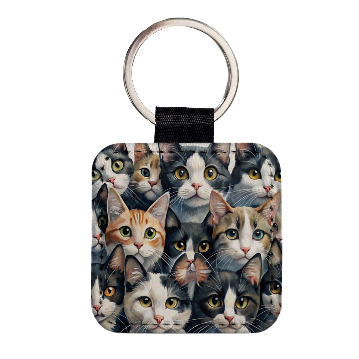 Cartoon Black And White Cats Square Faux Leather Keychain