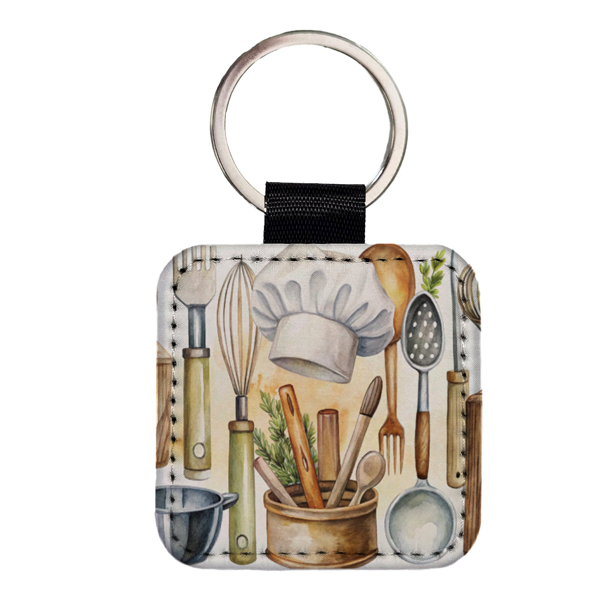 Chef's Baker's Tools Cooking Watercolor Square Faux Leather Keychain