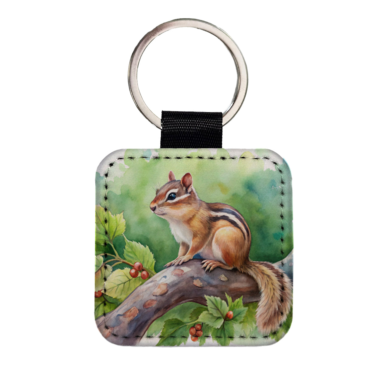Chipmunk In Tree Watercolor Square Faux Leather Keychain