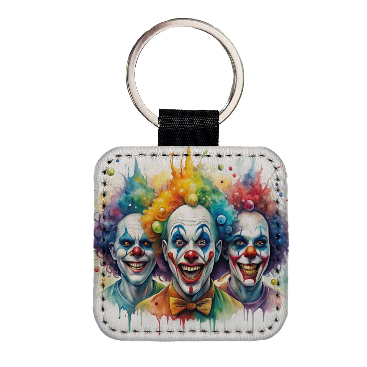 Creepy Scary Evil Killer Clowns Watercolor Square Faux Leather Keychain