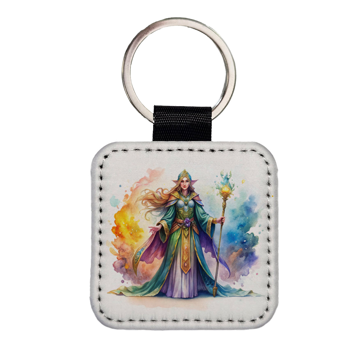 Fantasy Sorceress Colorful Magic Mana Watercolor Square Faux Leather Keychain