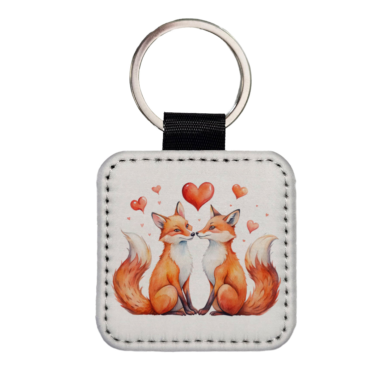 Foxes In Love With Hearts Valentine's Day Square Faux Leather Keychain