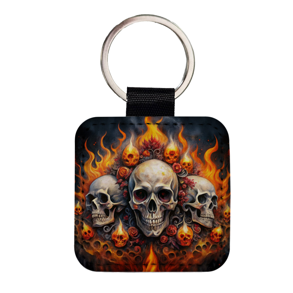 Gothic Skulls And Flames Watercolor Square Faux Leather Keychain