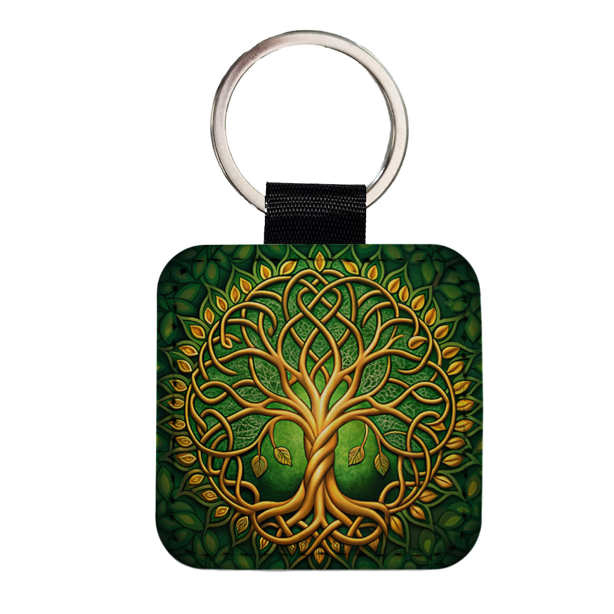 Irish Celtic Knot Tree Of Life Green And Golden Square Faux Leather Keychain