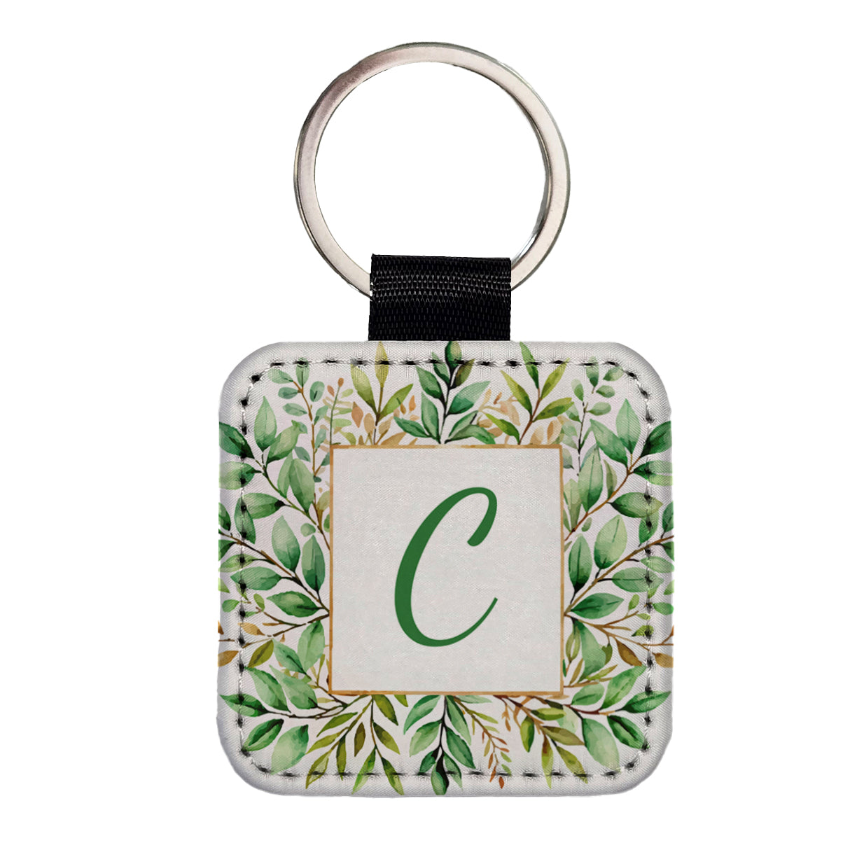 Letter C Initial Monogram Frame Leaf Square Faux Leather Keychain