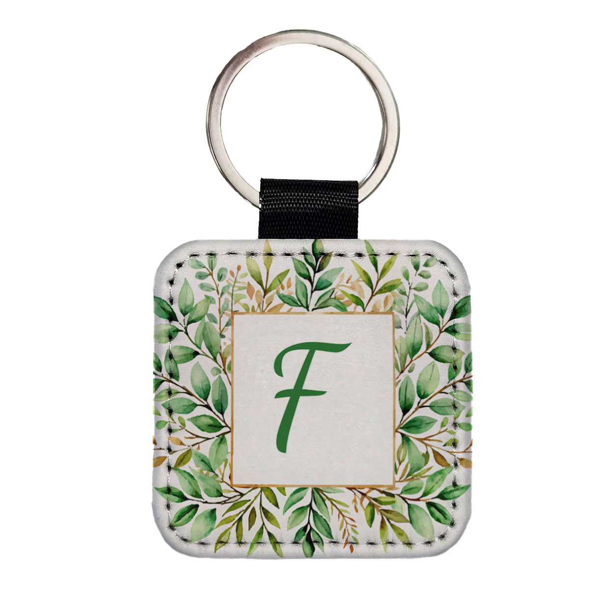 Letter F Initial Monogram Frame Leaf Square Faux Leather Keychain