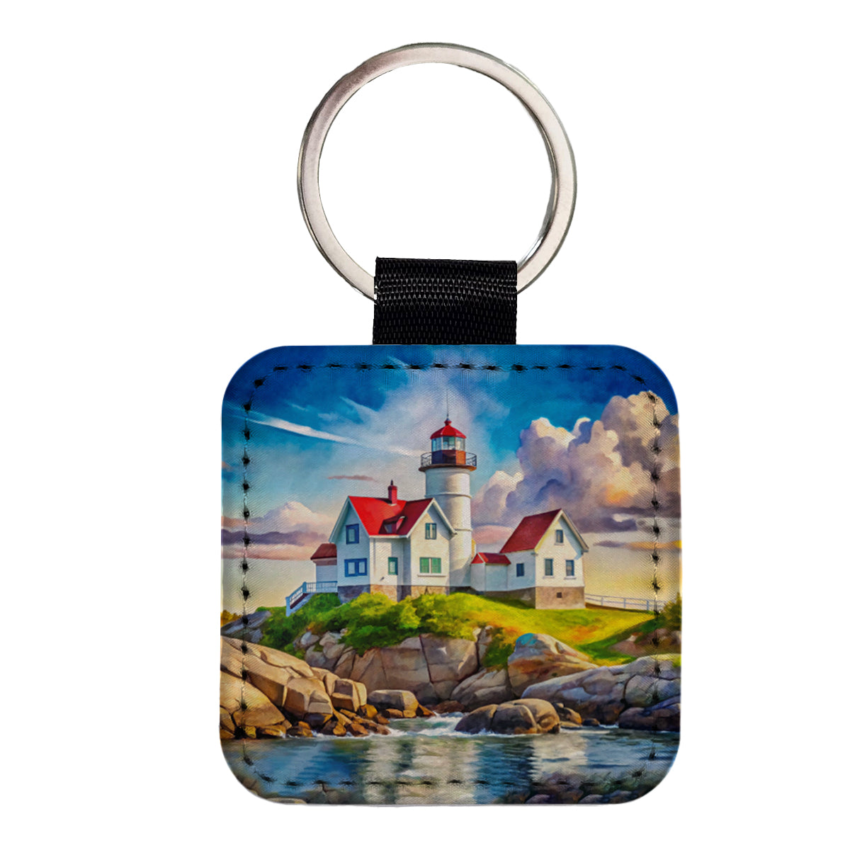 Lighthouse Like Nubble Lighthouse Maine Watercolor Square Faux Leather Keychain