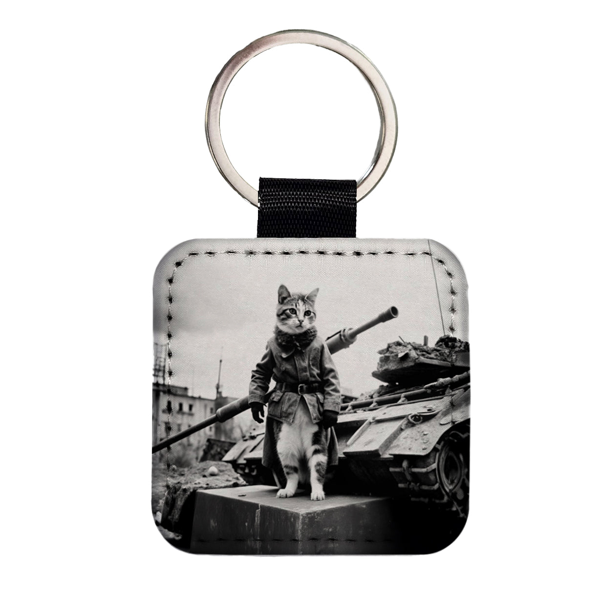 Military Resistance War Soldier Cat Retro Black And White Square Faux Leather Keychain