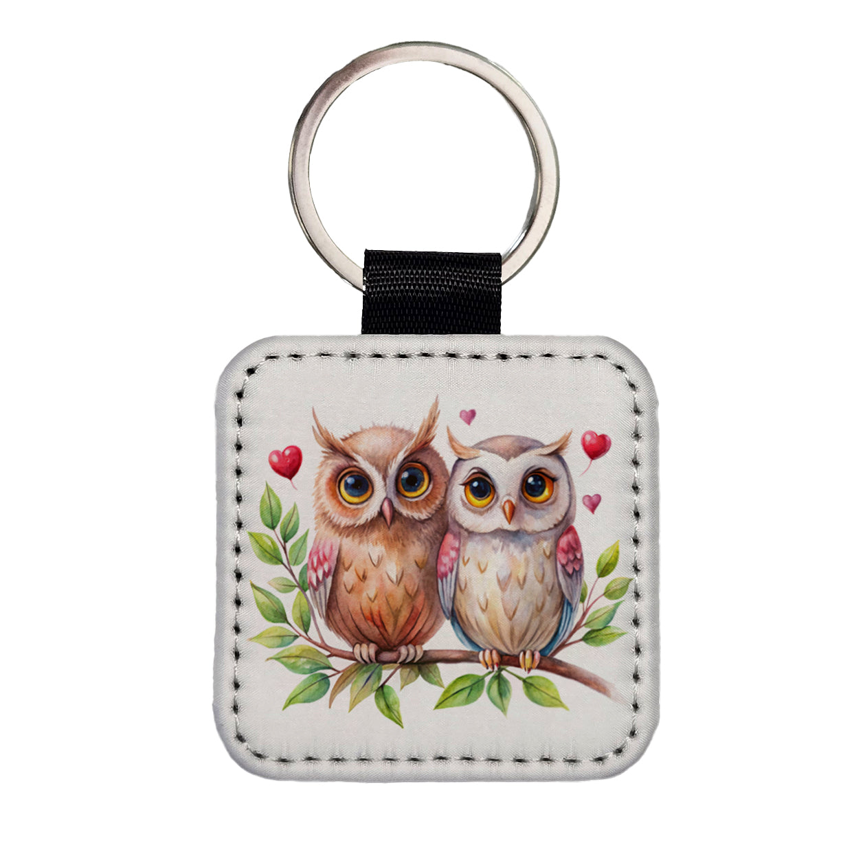 Owls In Love On Branch Hearts Valentine's Day Square Faux Leather Keychain