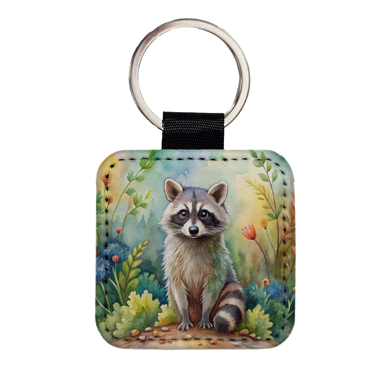 Raccoon In The Forest Watercolor Square Faux Leather Keychain