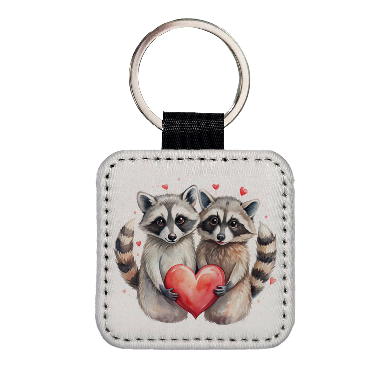 Raccoons In Love With Hearts Valentine's Day Square Faux Leather Keychain