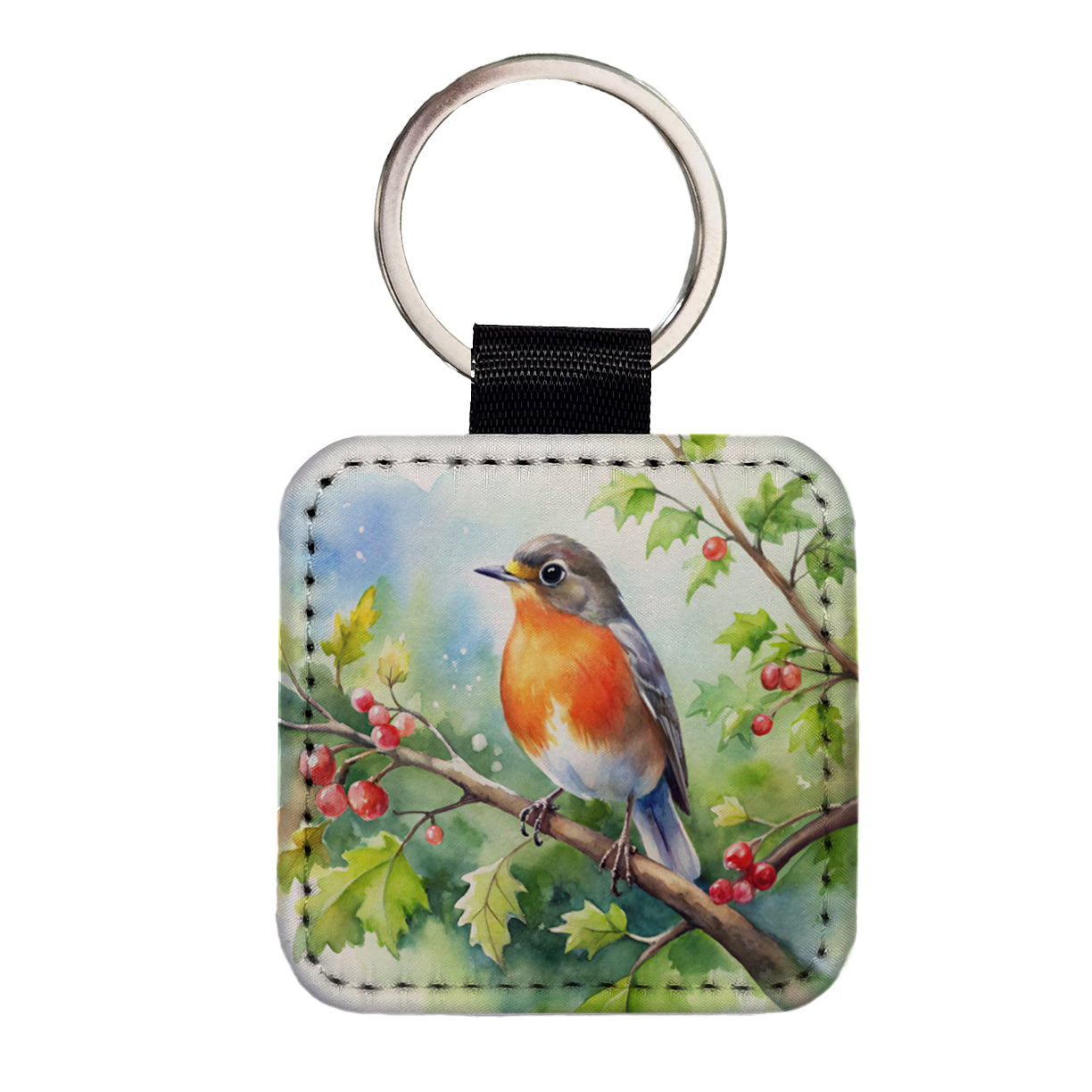 Robin In Tree Bird Watercolor Square Faux Leather Keychain
