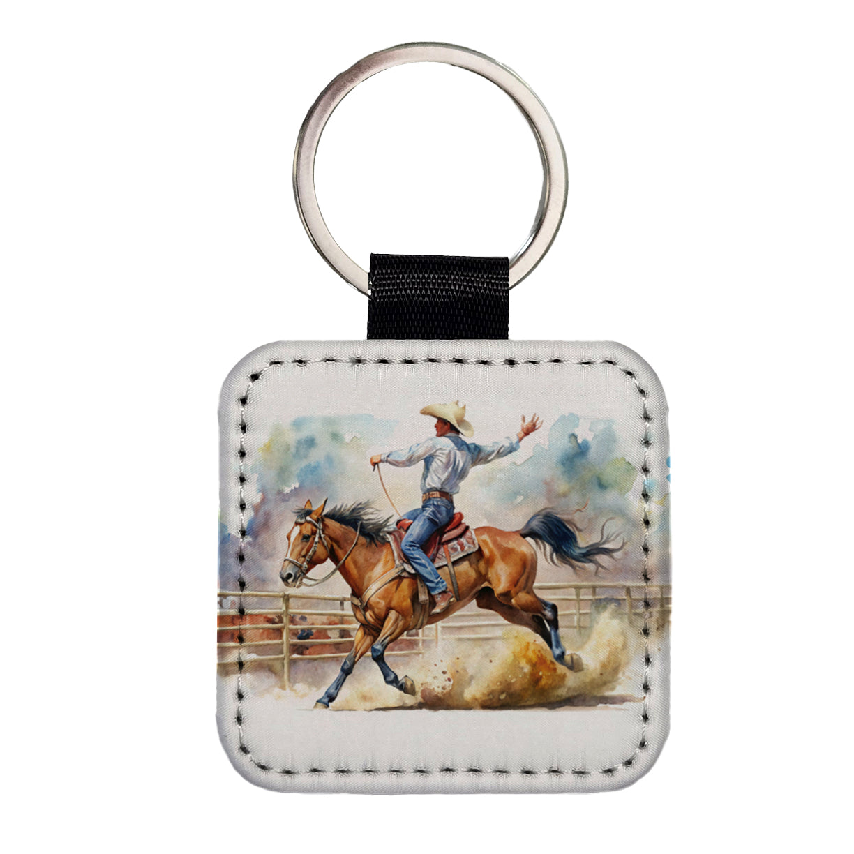 Rodeo Cowboy Horse Country Square Faux Leather Keychain