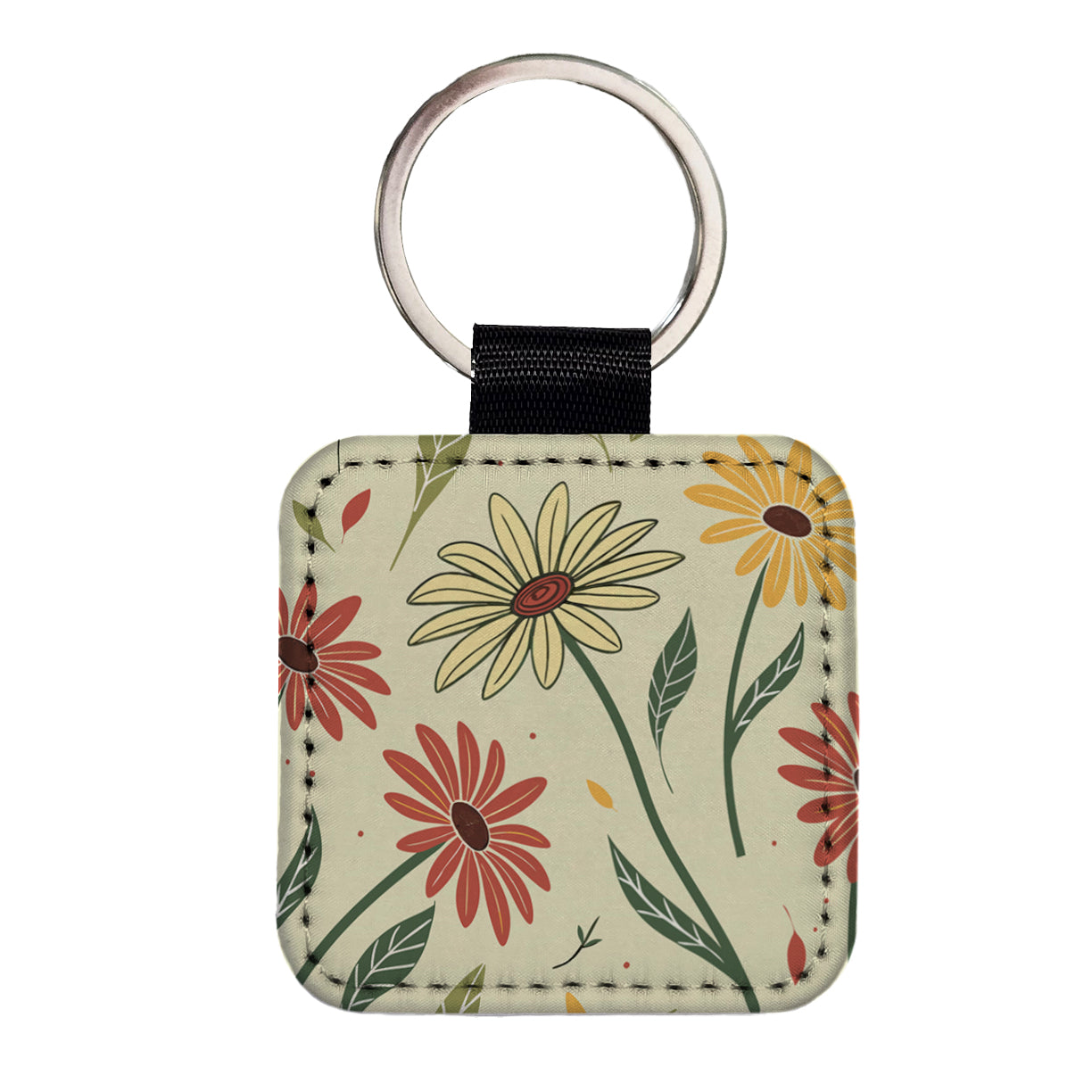 Scattered Sunflowers Sketch Square Faux Leather Keychain