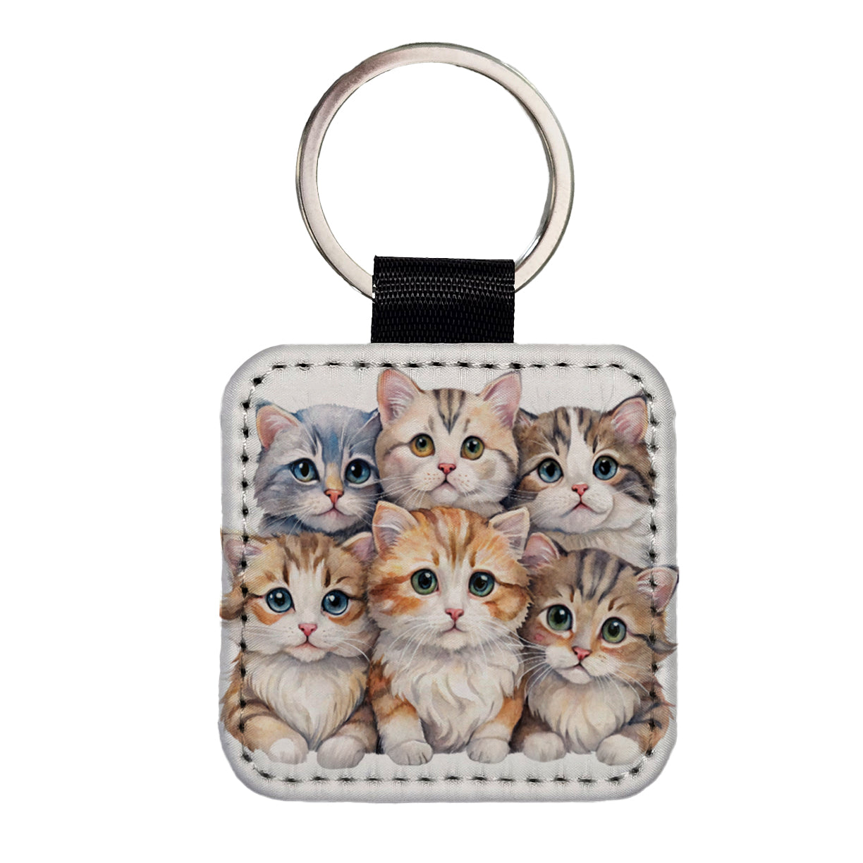 Sweet American Curl Cats Square Faux Leather Keychain