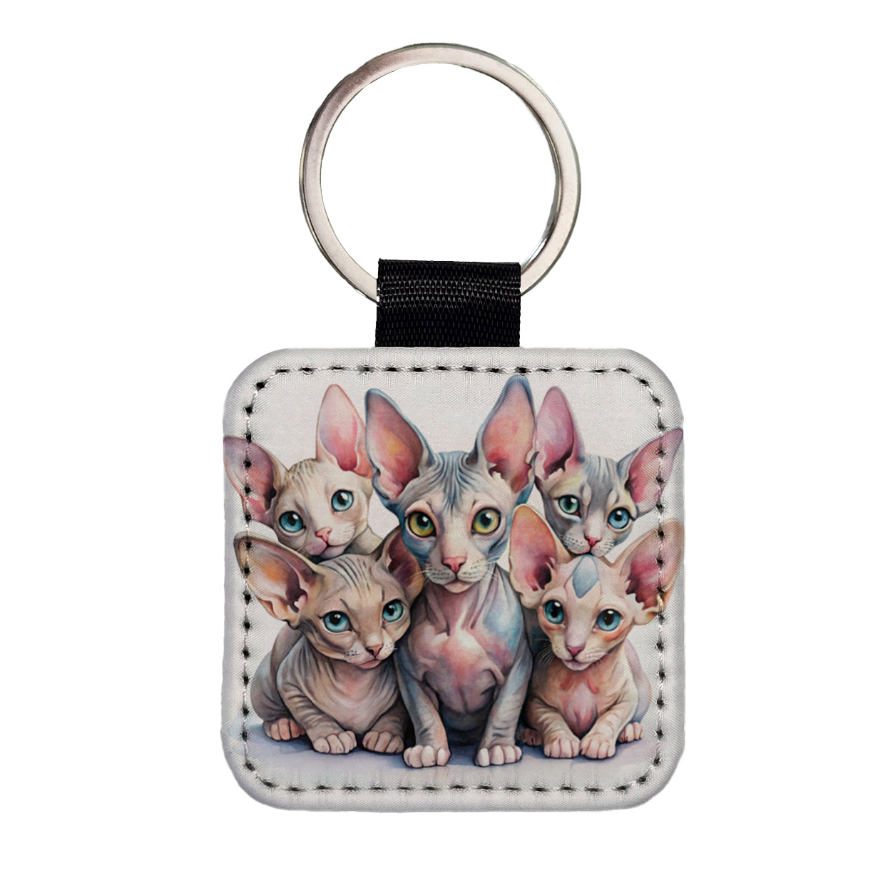 Sweet Sphynx Cats Square Faux Leather Keychain