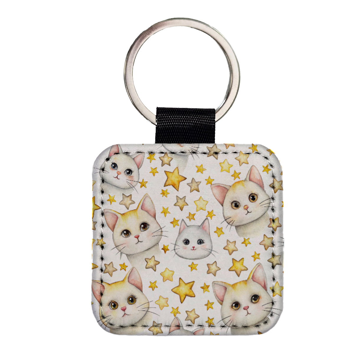 Sweet White Cats Yellow Stars Square Faux Leather Keychain