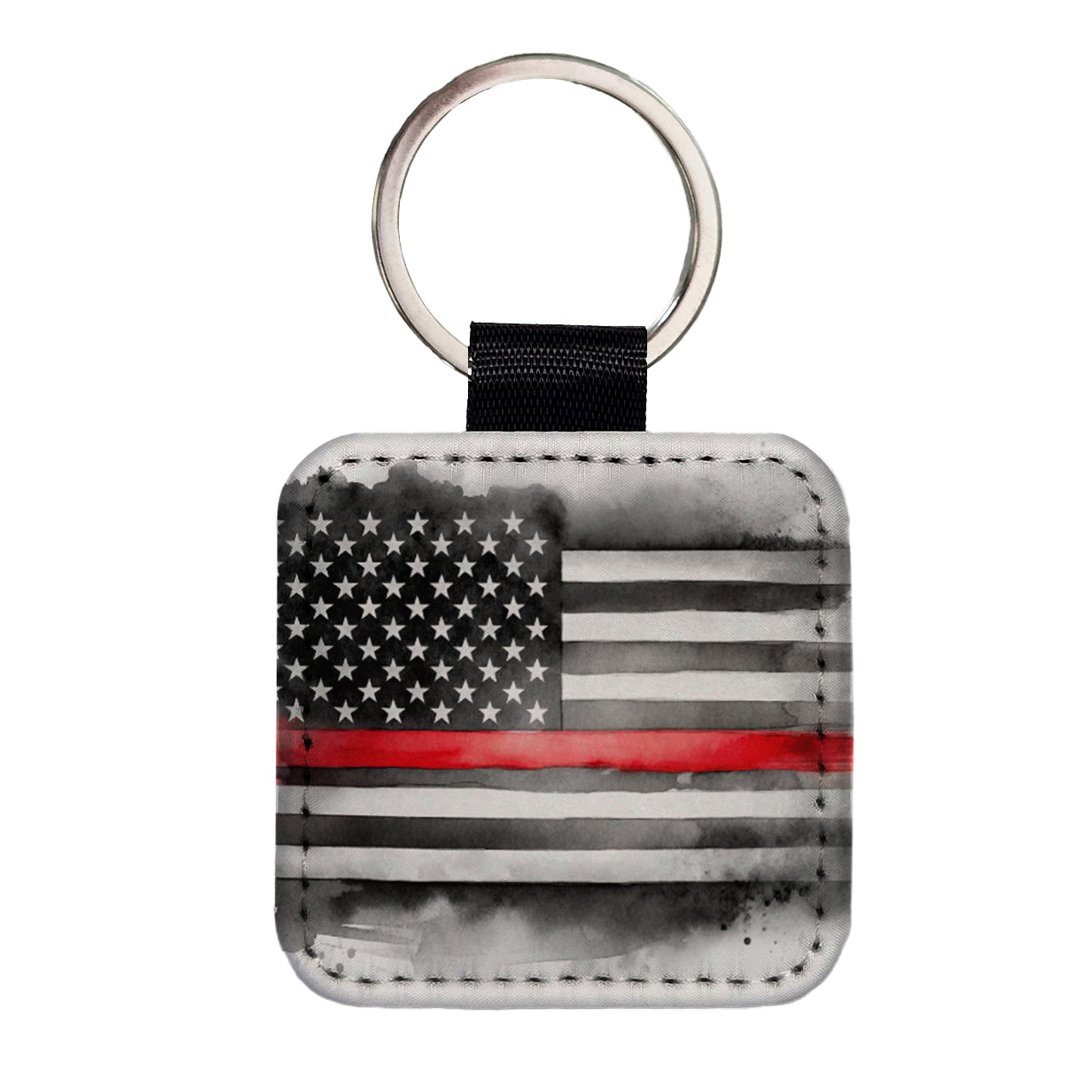 Thin Red Line Black And White American Flag Support Firemen Firefighters Square Faux Leather Keychain