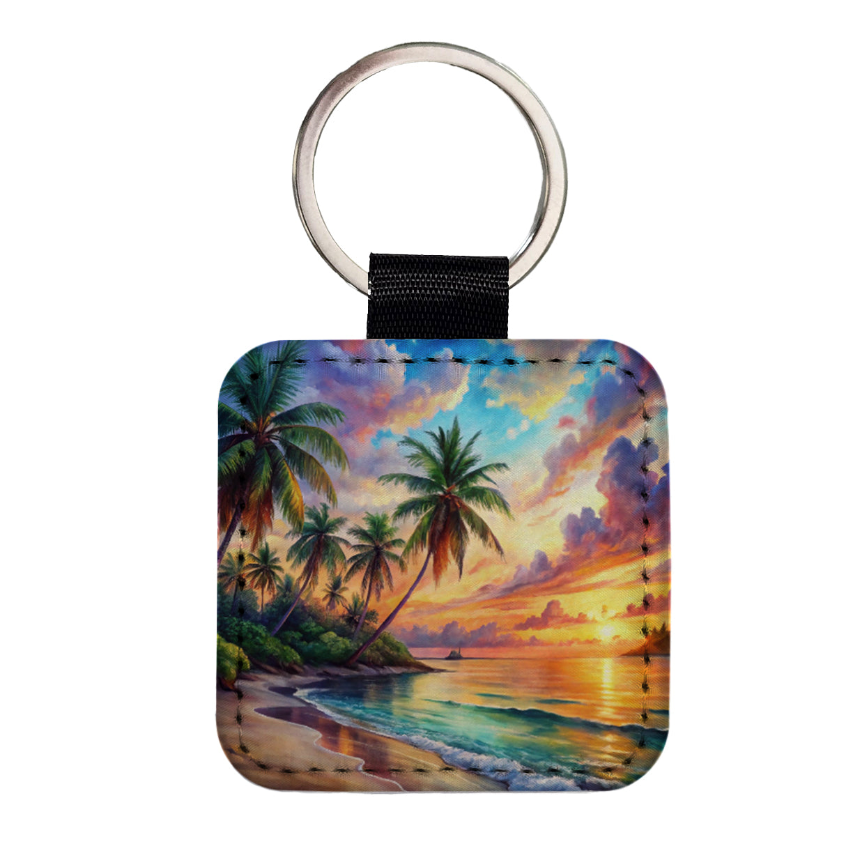 Tropical Beach At Sunset Watercolor Square Faux Leather Keychain