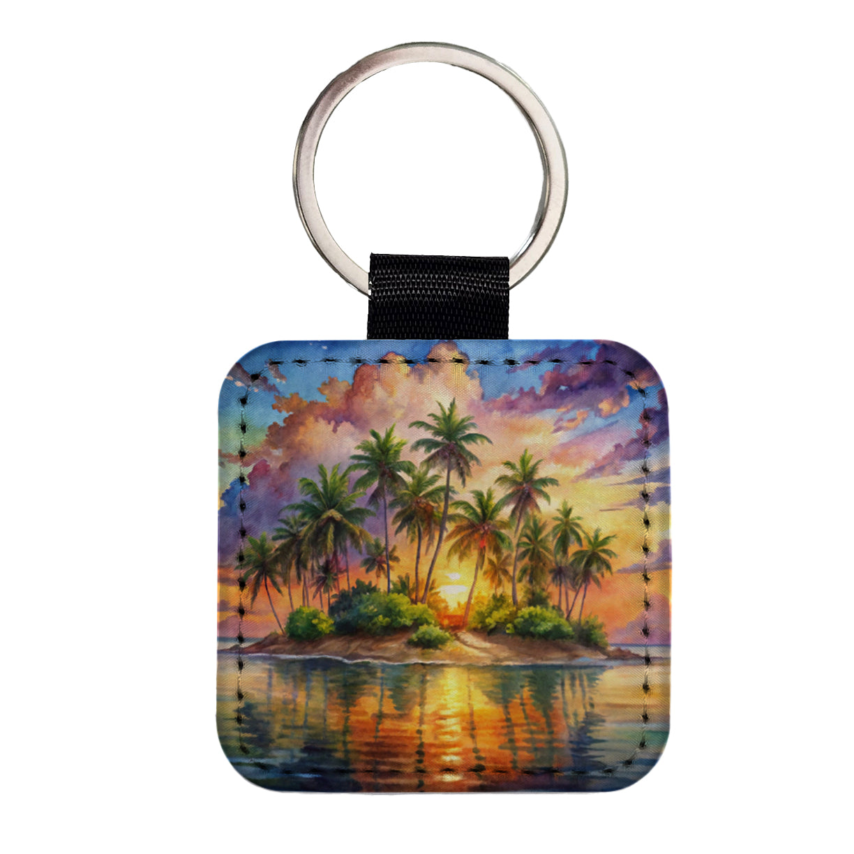 Tropical Deserted Island At Sunrise Watercolor Square Faux Leather Keychain