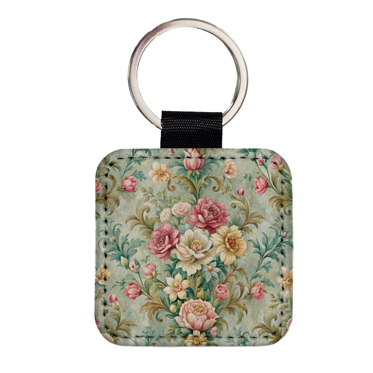 Victorian Flowers Floral Wallpaper Square Faux Leather Keychain