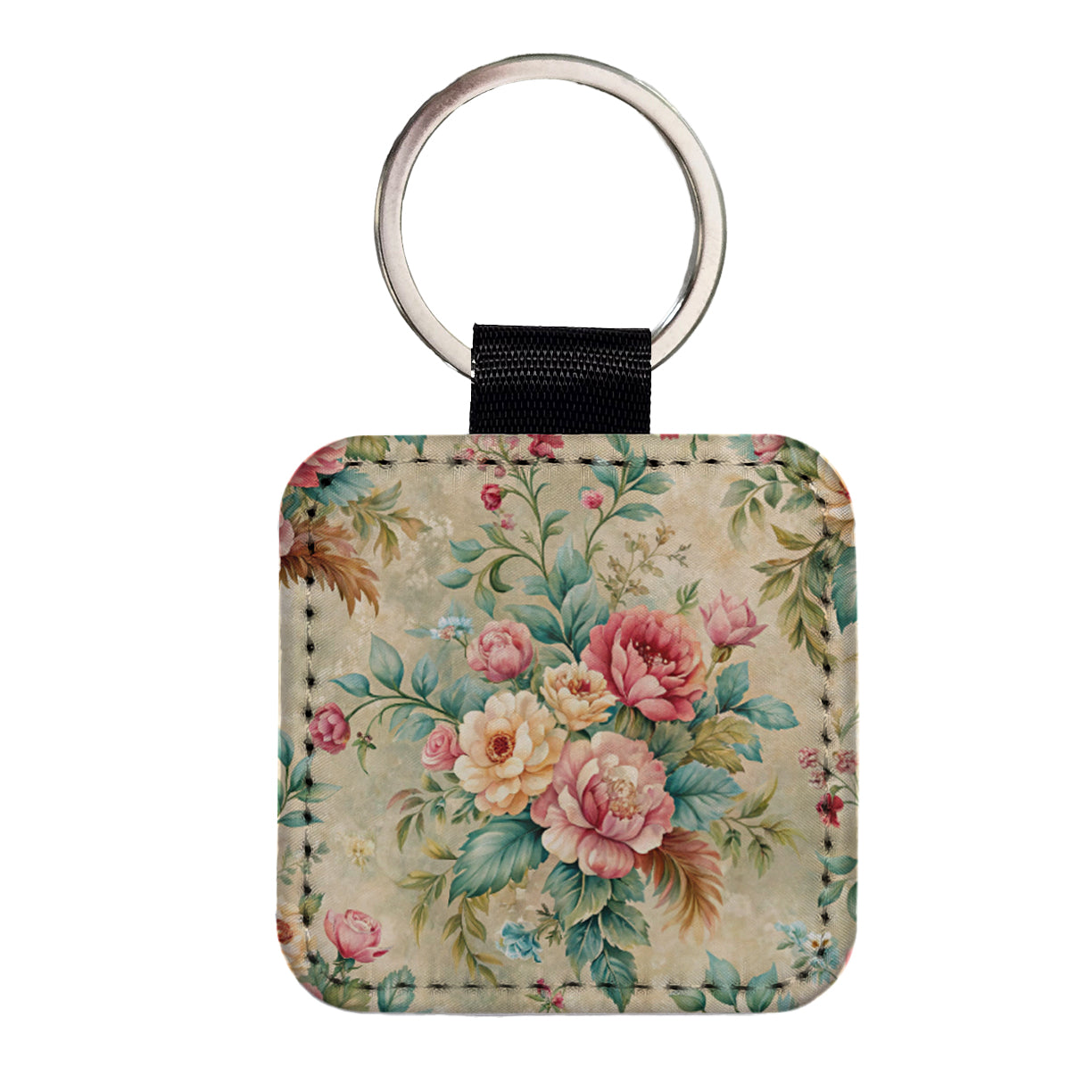 Victorian Flowers Wallpaper Square Faux Leather Keychain