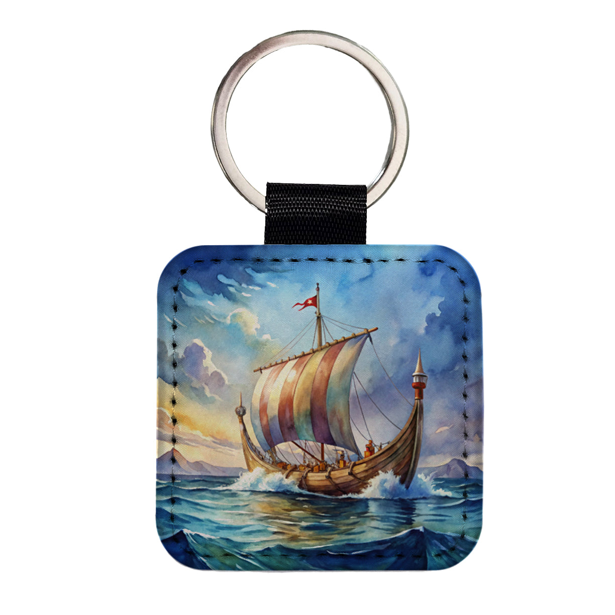 Viking Ship On The Ocean Watercolor Square Faux Leather Keychain