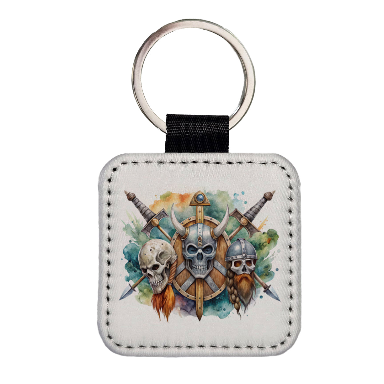 Viking Symbols Shields Swords Skulls Watercolor Square Faux Leather Keychain