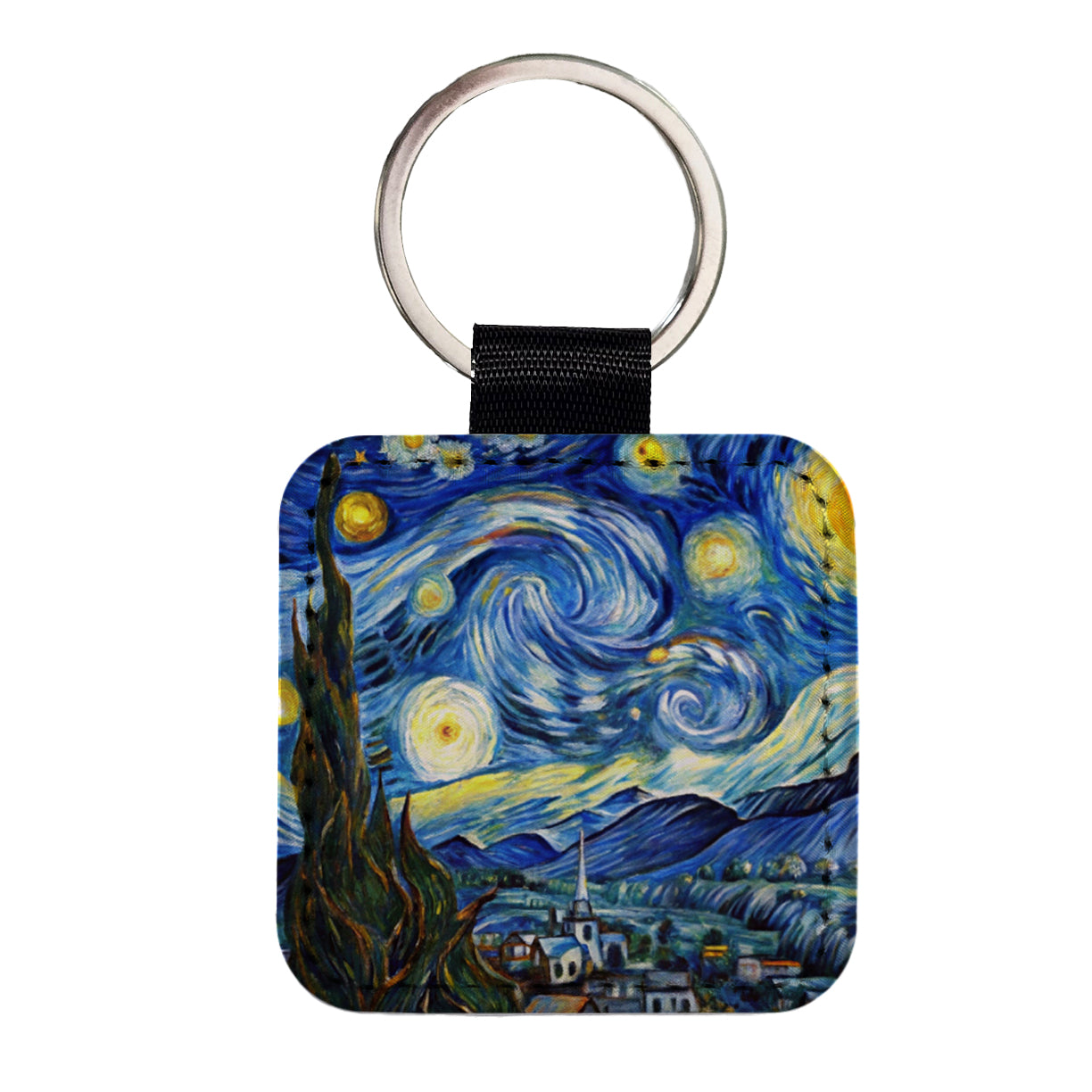 Watercolor Faux Van Gogh Starry Night Square Faux Leather Keychain