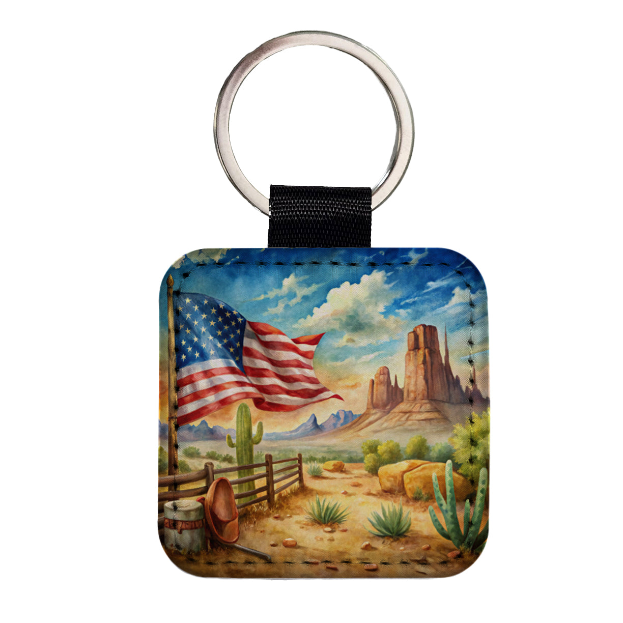 Western Americana American Flag Country Watercolor Square Faux Leather Keychain