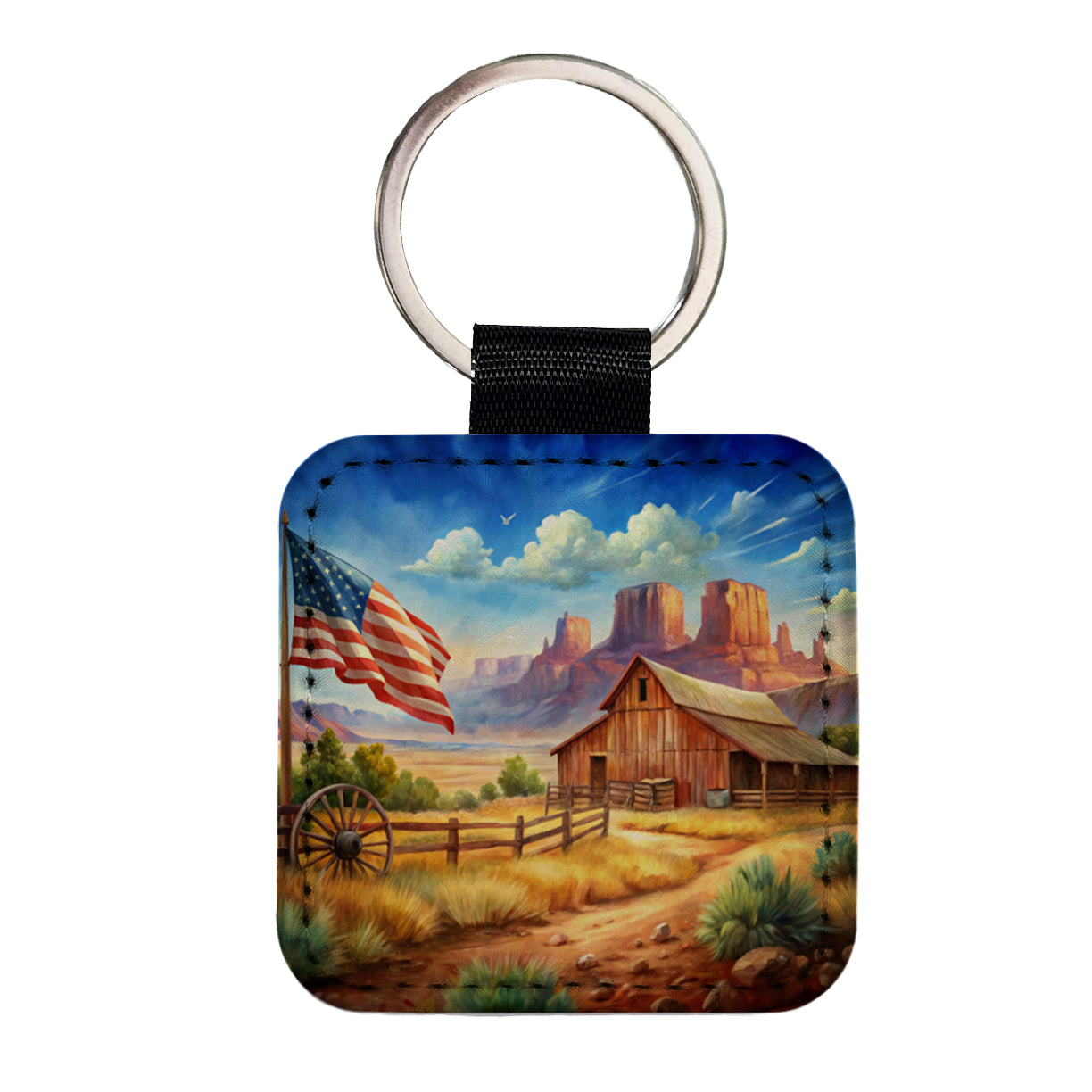 Western Americana Country Flag Ranch Wagon Wheel Square Faux Leather Keychain