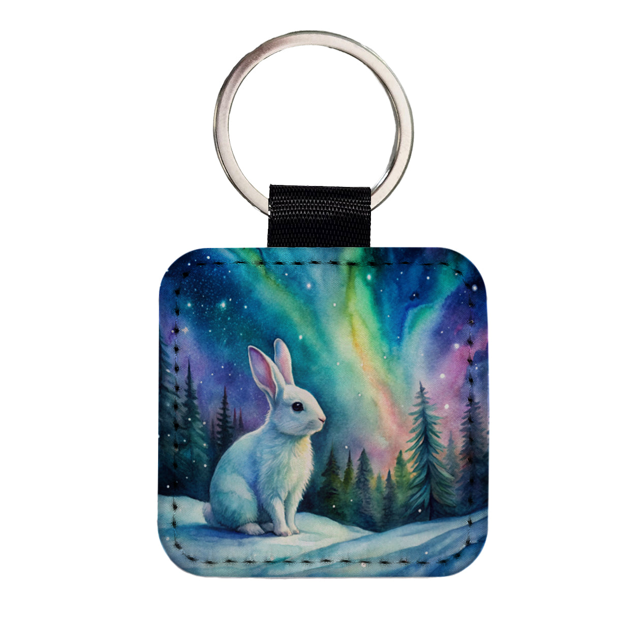 White Bunny Rabbit And Northern Lights Watercolor Square Faux Leather Keychain