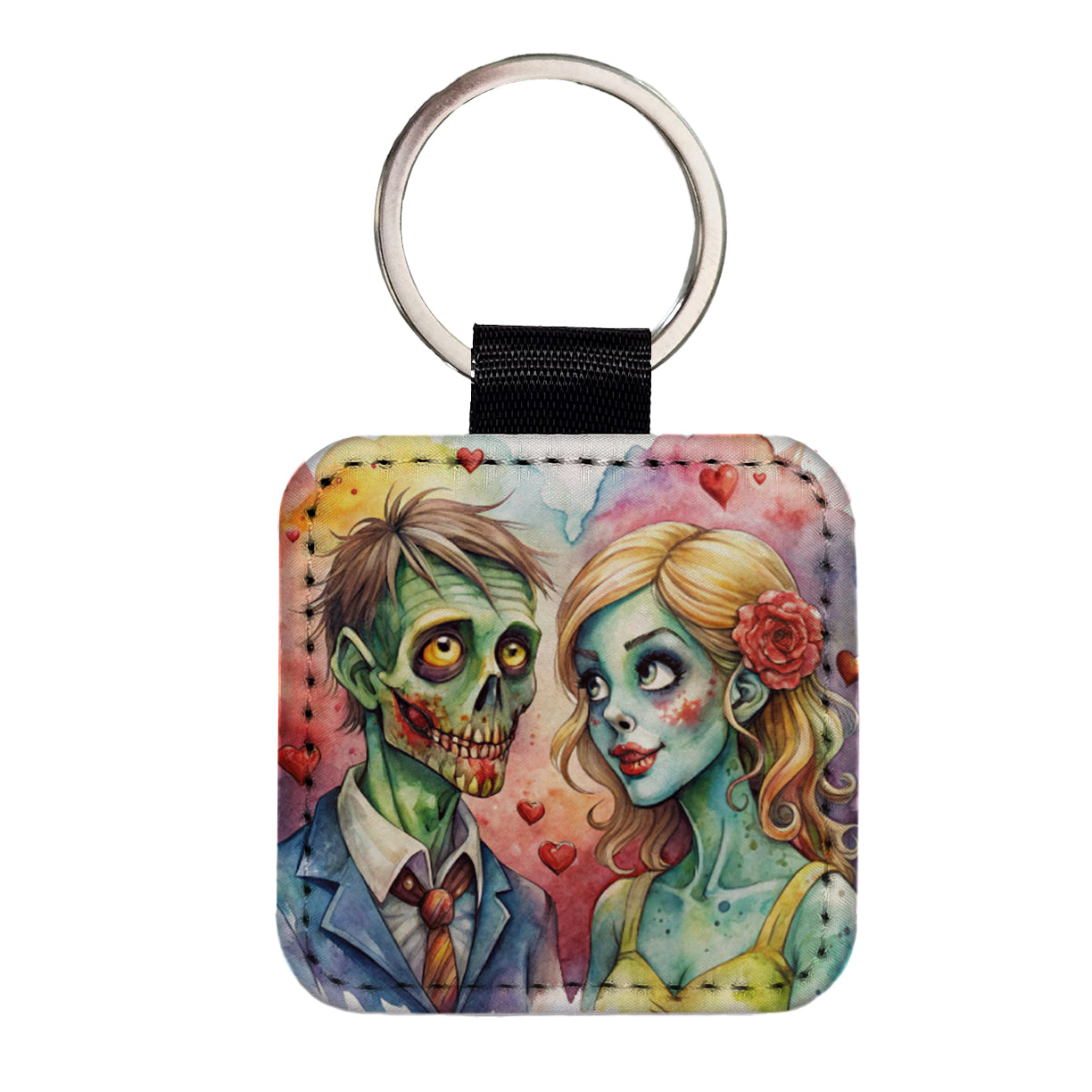 Zombies In Love Valentine's Day Halloween Square Faux Leather Keychain