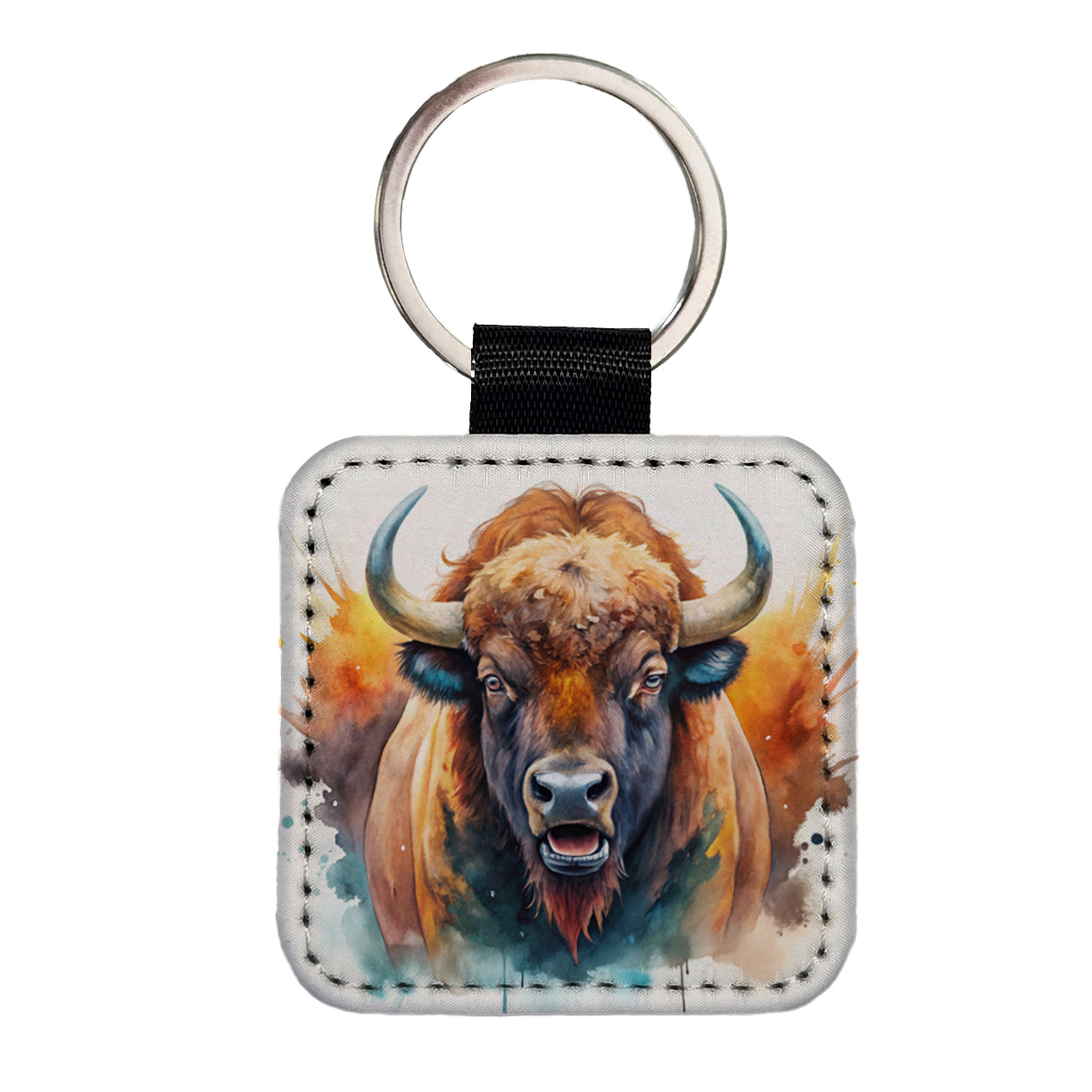 Angry American Bison Buffalo Watercolor Square Faux Leather Keychain
