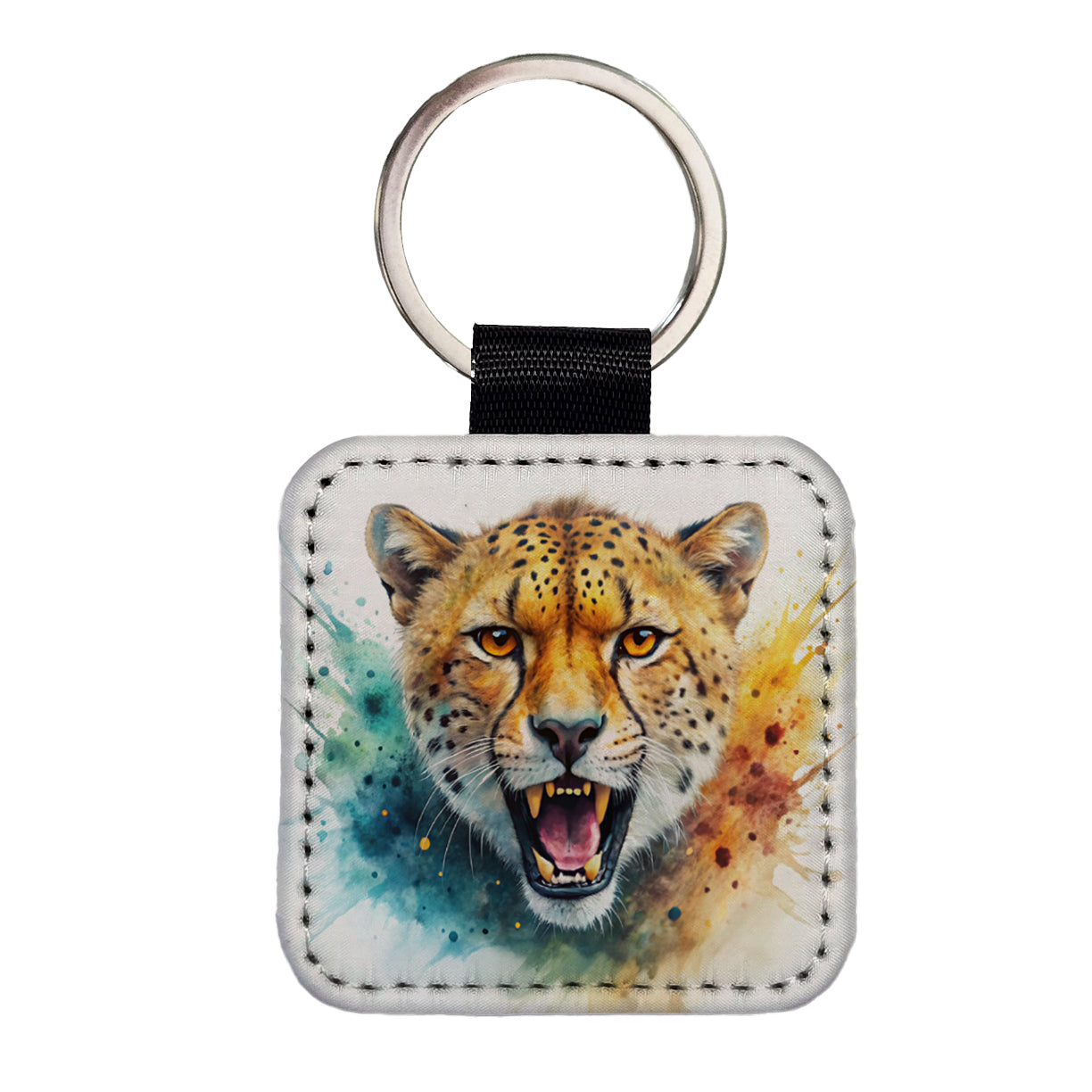 Angry Cheetah Watercolor Square Faux Leather Keychain
