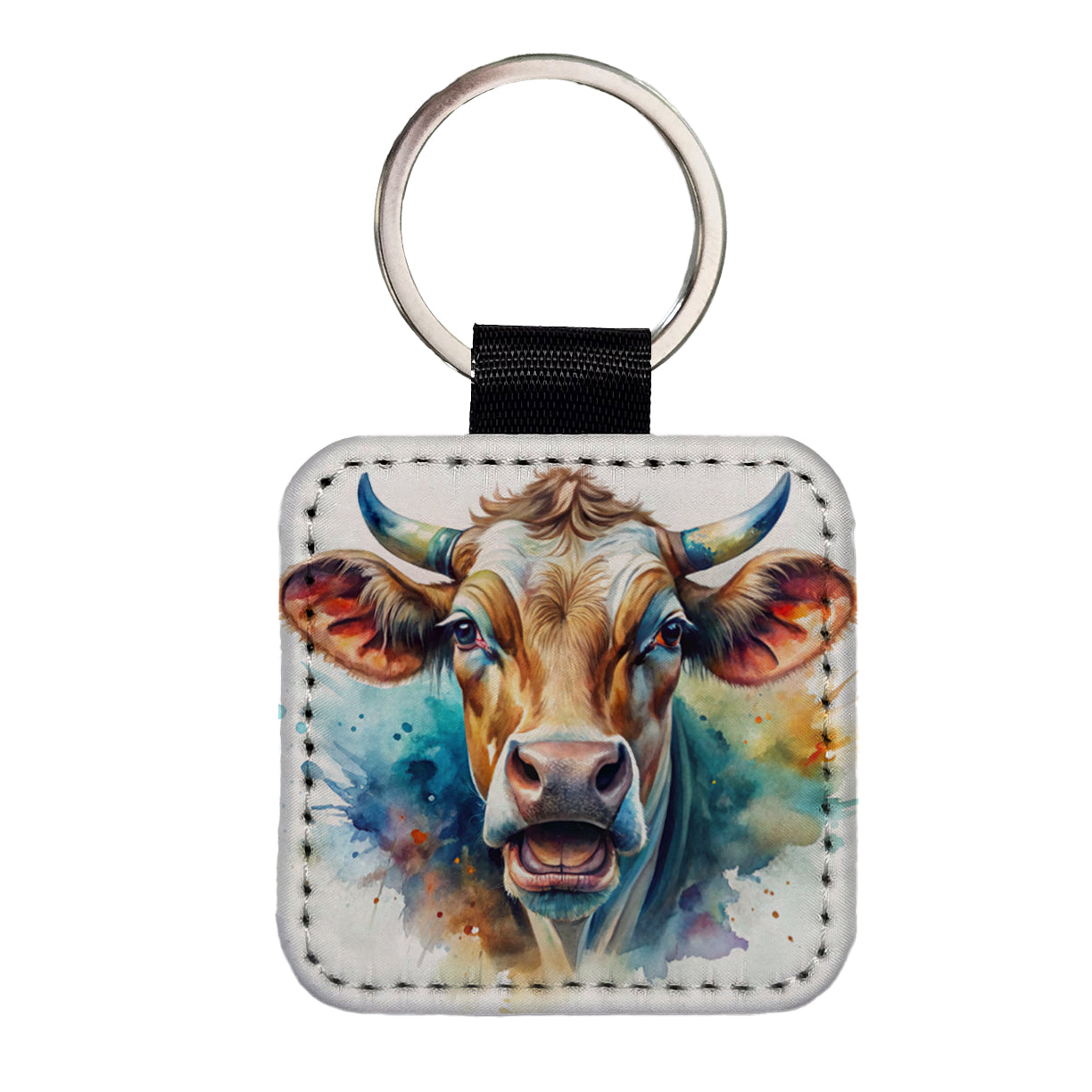Angry Cow Watercolor Square Faux Leather Keychain