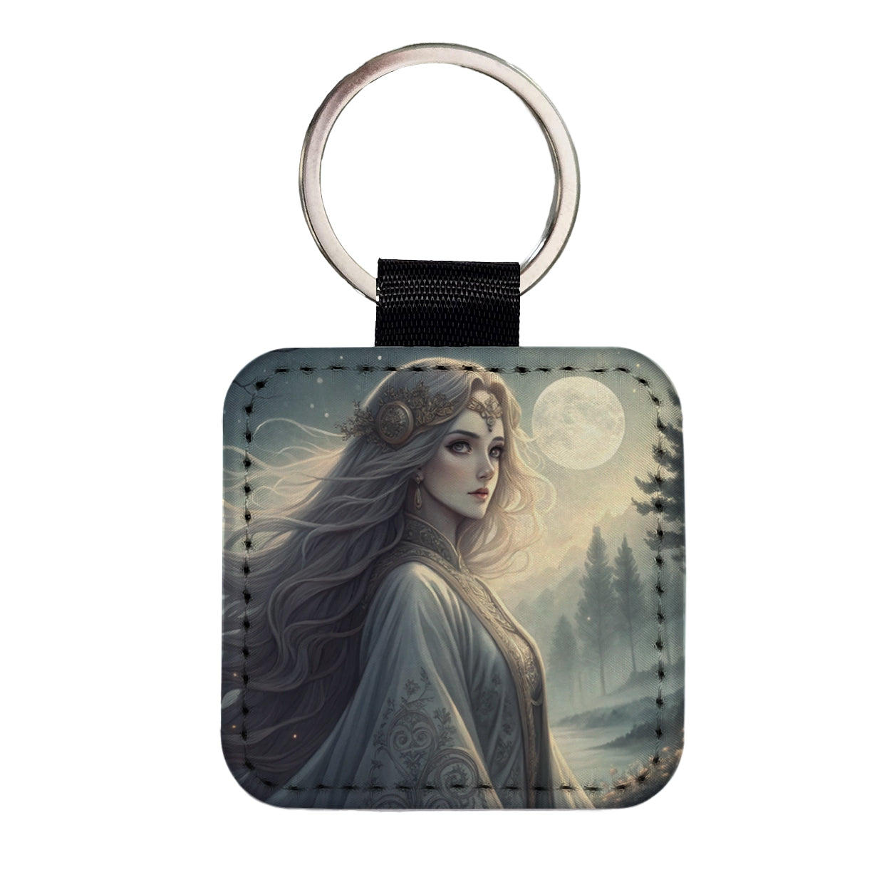 Anime Style Fantasy Princess Elf White Scene Square Faux Leather Keychain