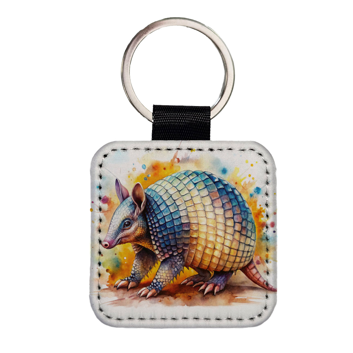 Armadillo Watercolor Square Faux Leather Keychain