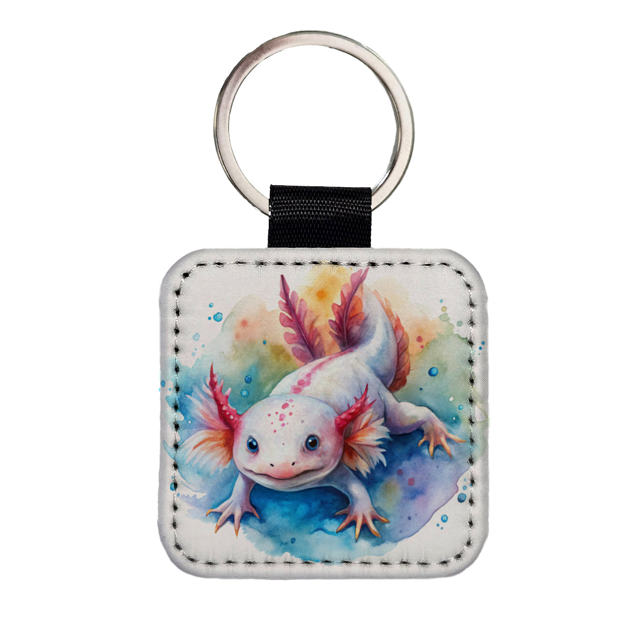 Axolotl Watercolor Square Faux Leather Keychain