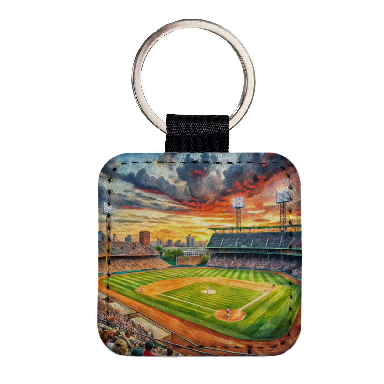 Baseball Game at the Stadium Square Faux Leather Keychain
