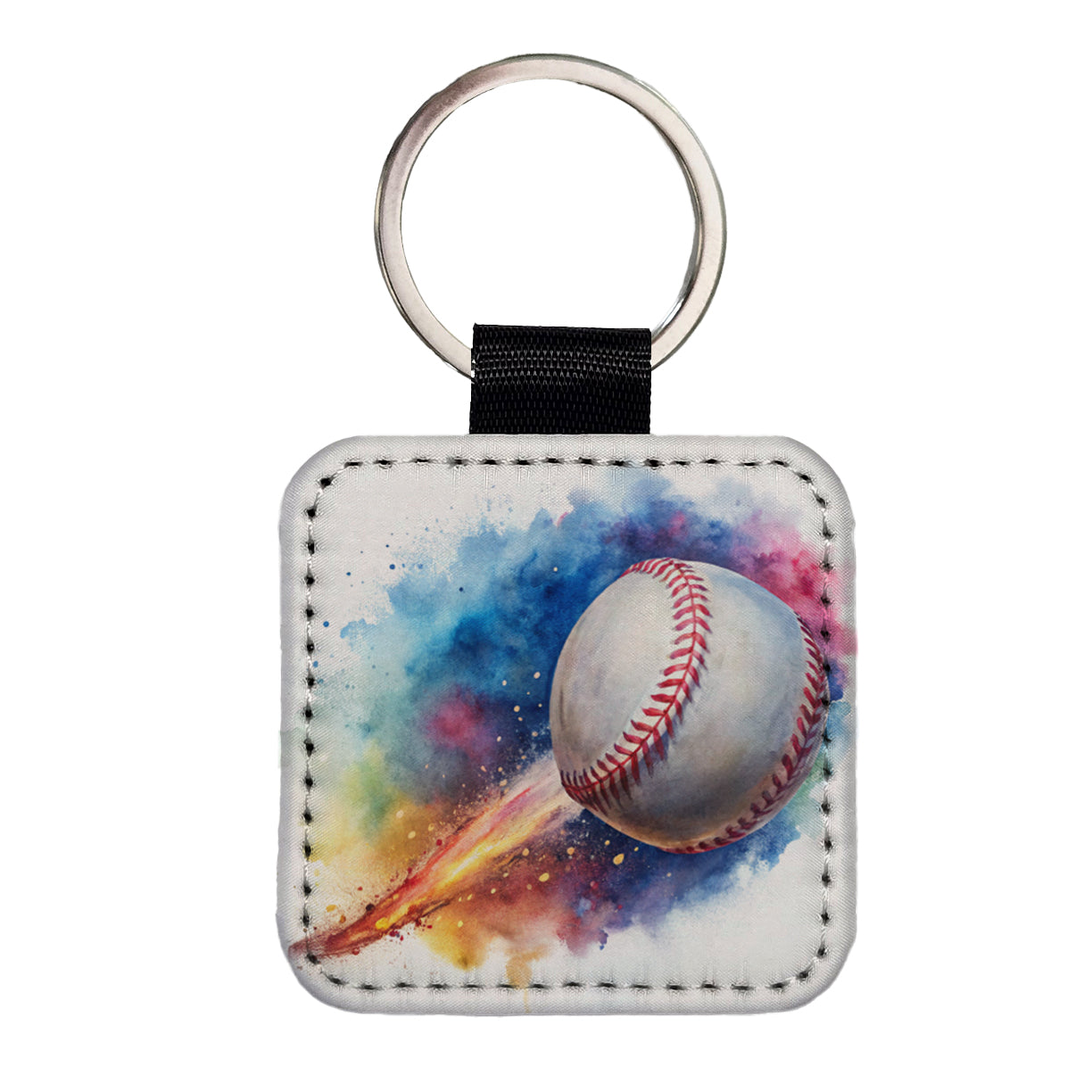 Baseball Rocketing Through The Air Watercolor Square Faux Leather Keychain