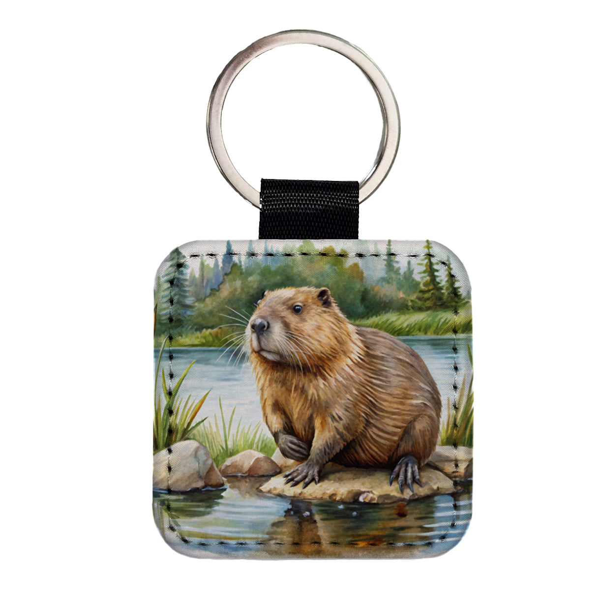 Beaver in the Pond Dam Watercolor Square Faux Leather Keychain