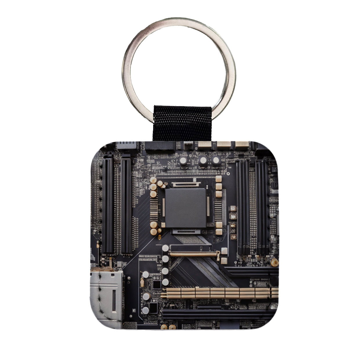 Black Gaming Computer Motherboard Square Faux Leather Keychain