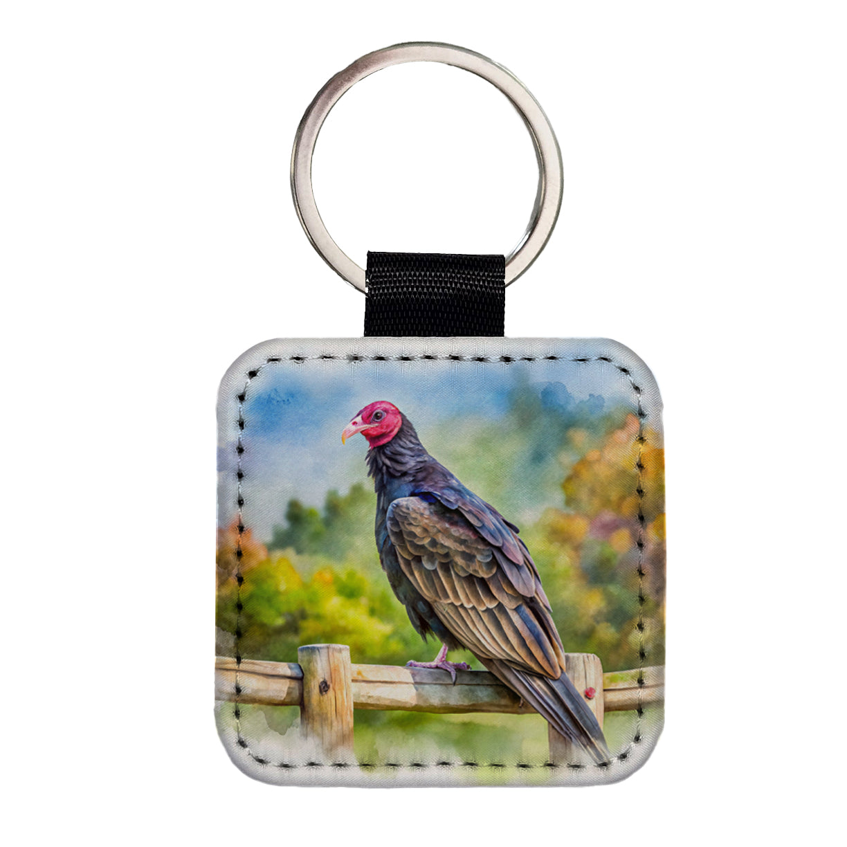 Black Turkey Vulture Sitting On Fence Watercolor Square Faux Leather Keychain