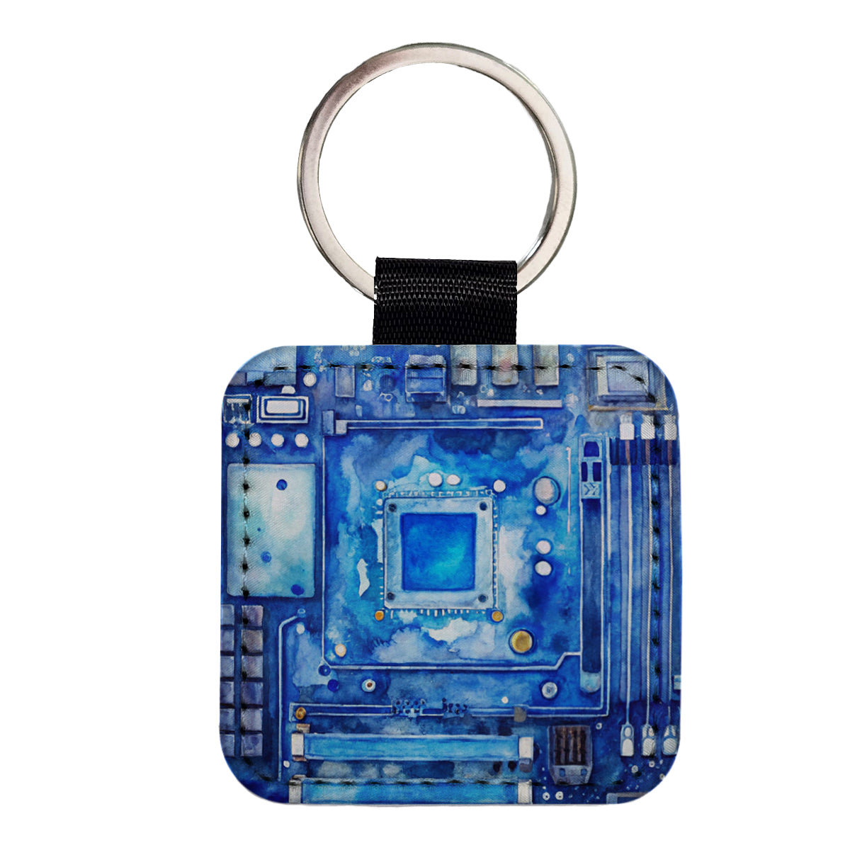 Blue Computer Motherboard Watercolor Square Faux Leather Keychain