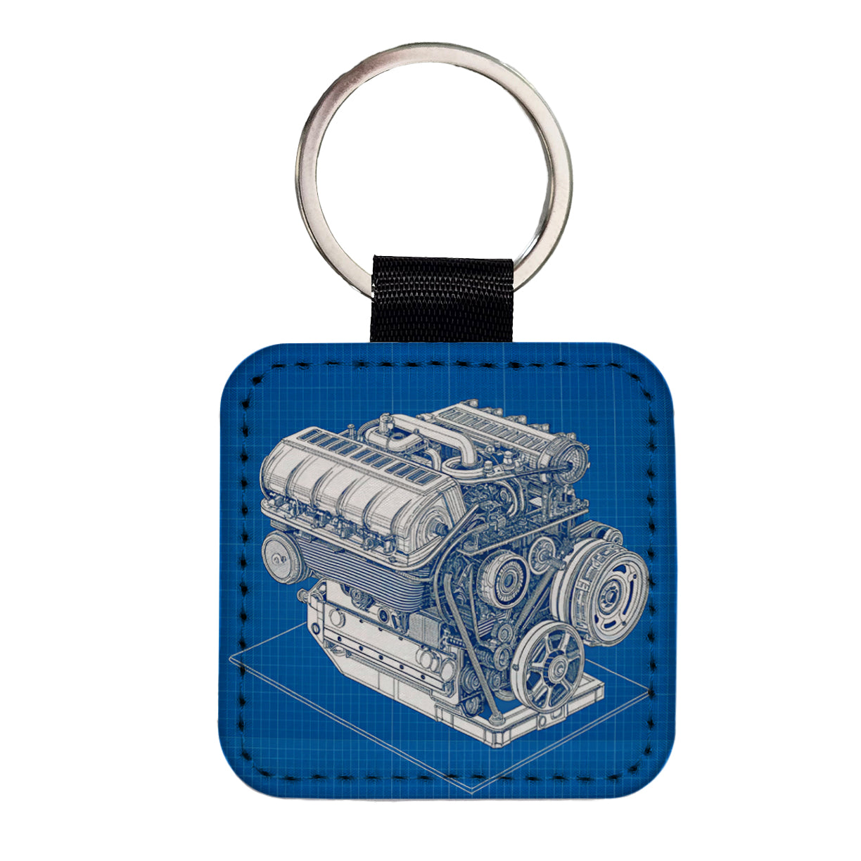 Blueprint Of Car Engine V8 Square Faux Leather Keychain