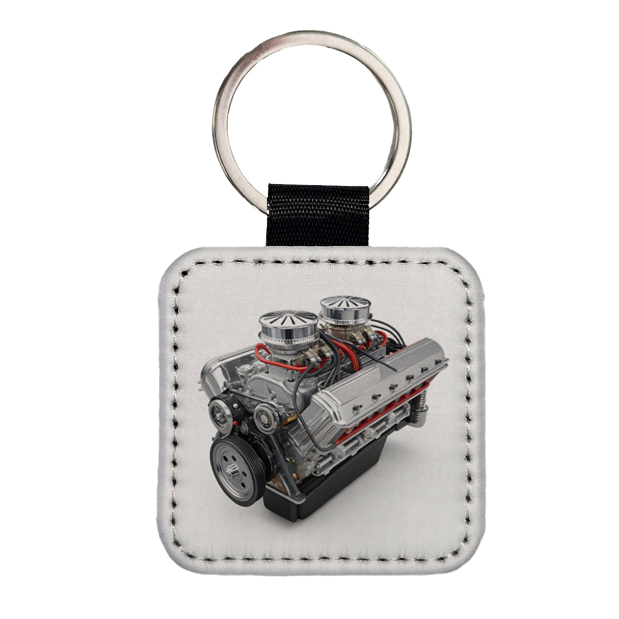 Classic V8 Muscle Car Engine Square Faux Leather Keychain