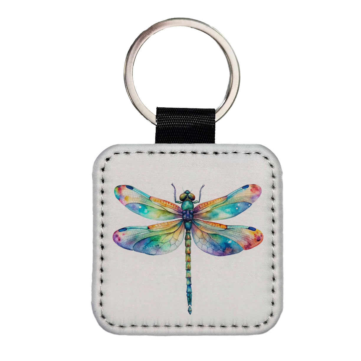 Dragonfly Rainbow Watercolor Square Faux Leather Keychain